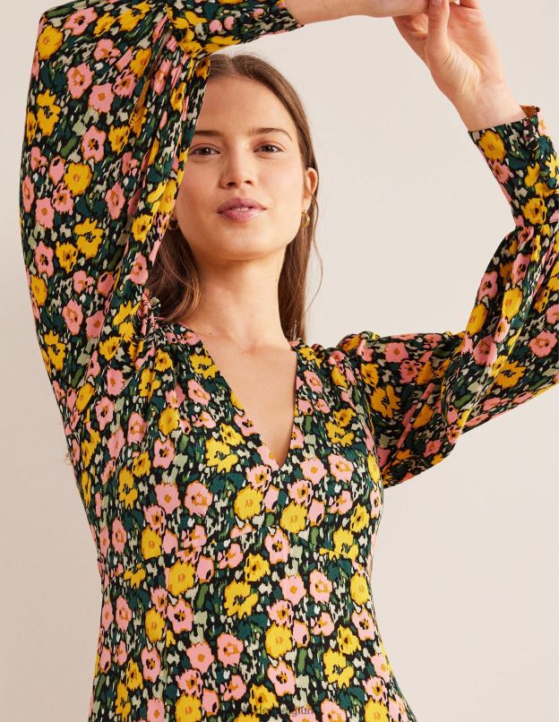 femmes Boden nuit d'émeraude et coquelicot abstrait robe longue à manches blousantes vêtements Z42D02439