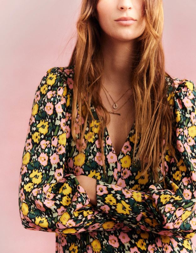 femmes Boden nuit d'émeraude et coquelicot abstrait robe longue à manches blousantes vêtements Z42D02439