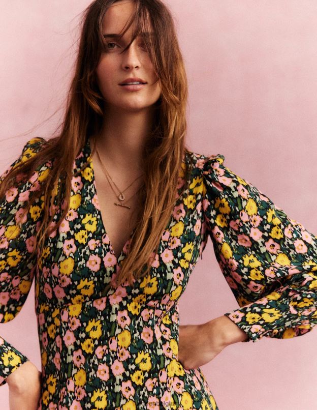 femmes Boden nuit d'émeraude et coquelicot abstrait robe longue à manches blousantes vêtements Z42D02439