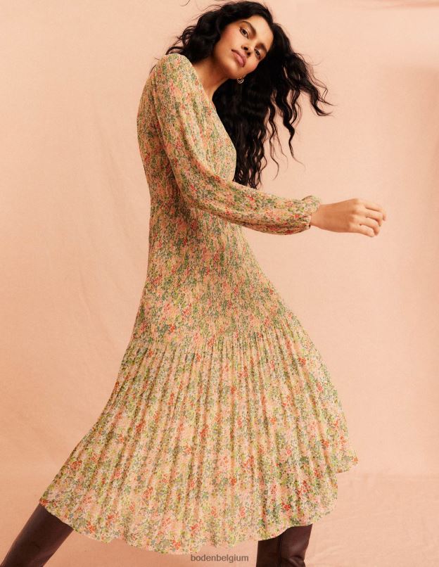 femmes Boden pop-corn et pétale de gardénia robe midi plissée à col en V vêtements Z42D01109