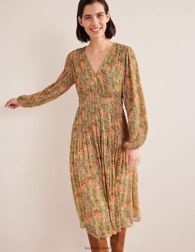 femmes Boden pop-corn et pétale de gardénia robe midi plissée à col en V vêtements Z42D01109