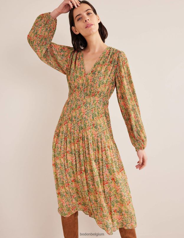 femmes Boden pop-corn et pétale de gardénia robe midi plissée à col en V vêtements Z42D01109