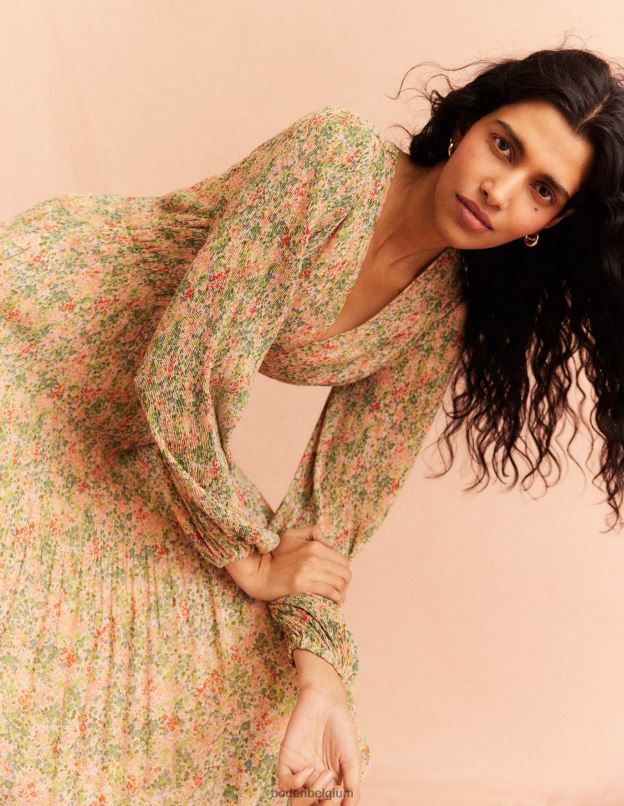 femmes Boden pop-corn et pétale de gardénia robe midi plissée à col en V vêtements Z42D01109