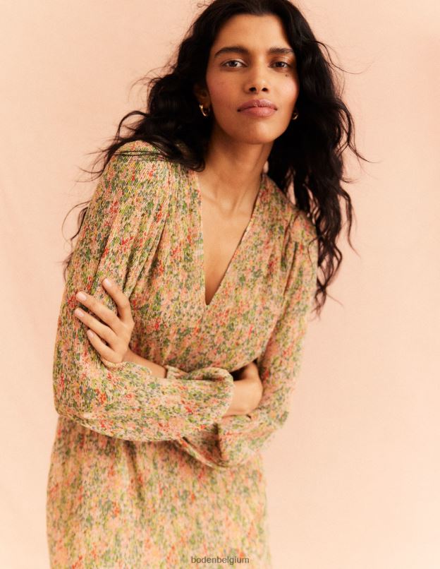 femmes Boden pop-corn et pétale de gardénia robe midi plissée à col en V vêtements Z42D01109