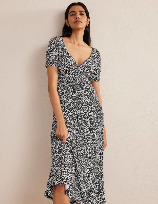 femmes Boden pop noire et tournesol robe midi en jersey froncée sur le devant vêtements Z42D01616