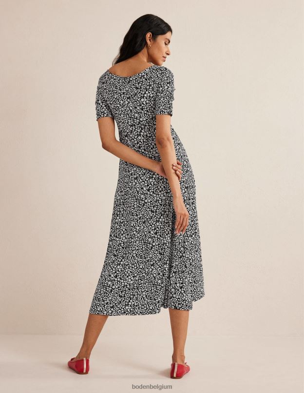 femmes Boden pop noire et tournesol robe midi en jersey froncée sur le devant vêtements Z42D01616