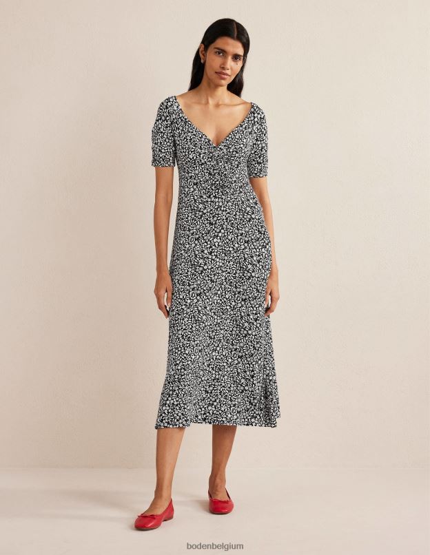femmes Boden pop noire et tournesol robe midi en jersey froncée sur le devant vêtements Z42D01616
