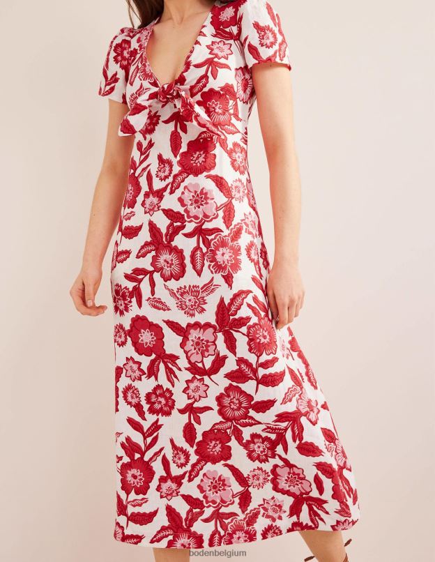 femmes Boden pop pivoine et pensée robe mi-longue en lin nouée sur le devant vêtements Z42D029
