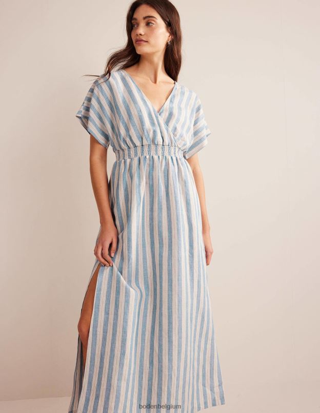femmes Boden rayure lurex bleu porcelaine robe longue caftan en lin vêtements Z42D080