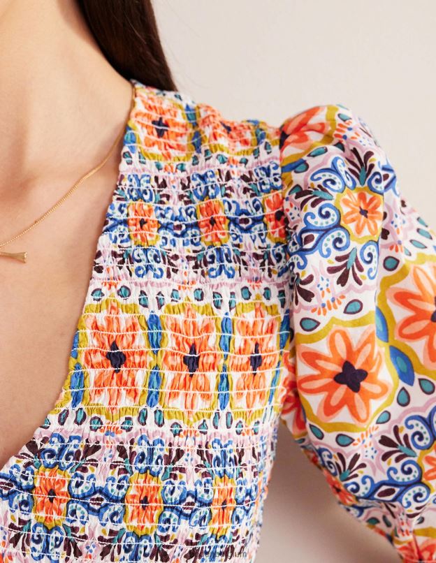 femmes Boden rayure multi et tapisserie robe midi à corsage smocké vêtements Z42D02237