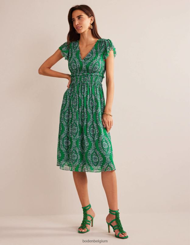 femmes Boden riche couronne d'émeraude et de botanique robe midi froncée à taille vêtements Z42D088