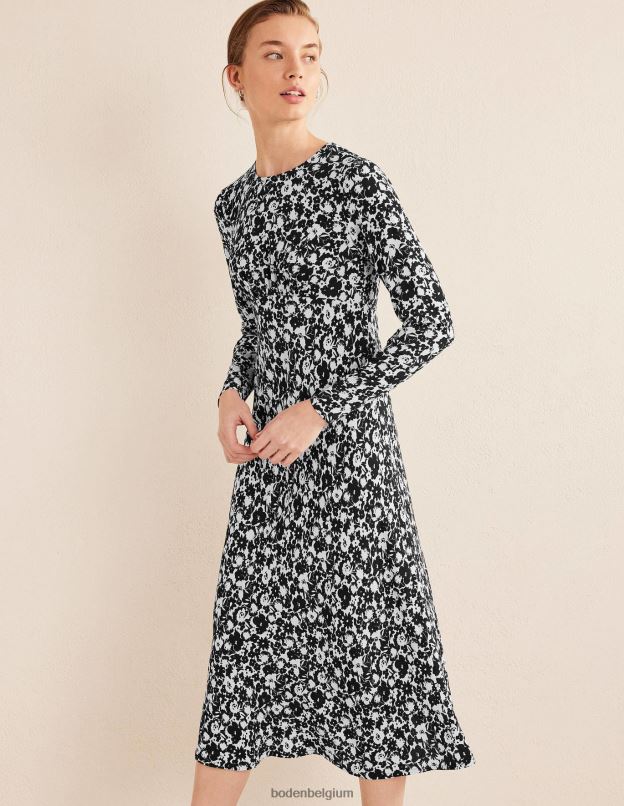 femmes Boden silhouette noire et fleurie robe mi-longue à col rond vêtements Z42D01511