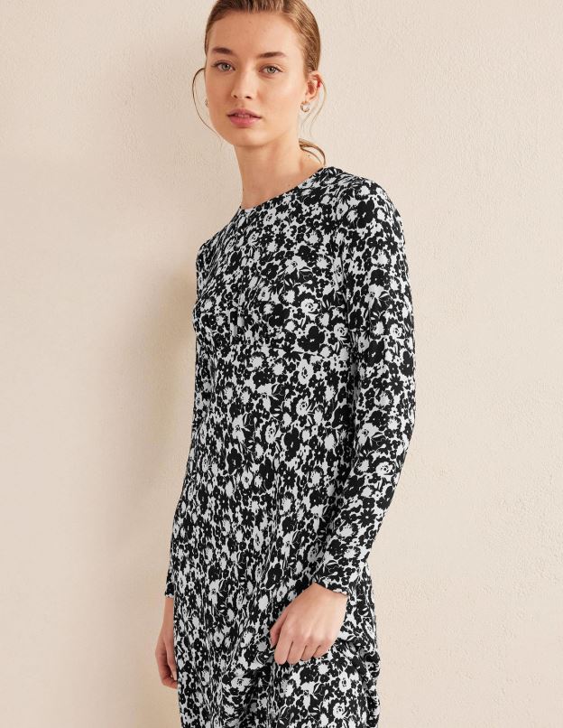 femmes Boden silhouette noire et fleurie robe mi-longue à col rond vêtements Z42D01511