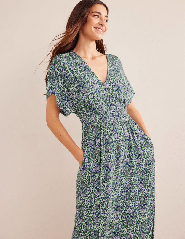 femmes Boden terrasse lin & vigne robe longue en jersey à taille smockée vêtements Z42D0995