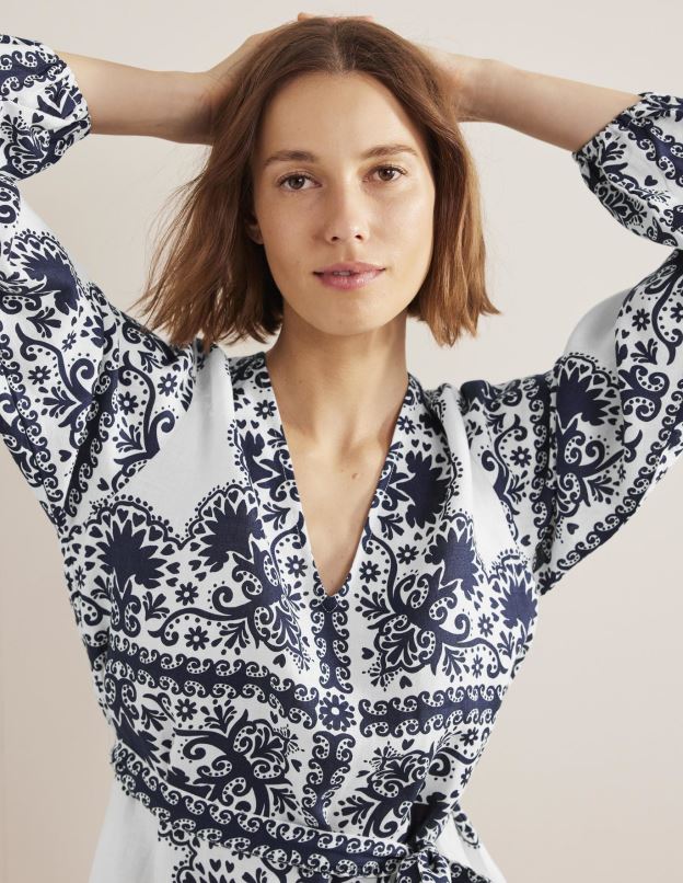 femmes Boden terrasse marine et milos Caftan court à col en V et taille nouée vêtements Z42D01184