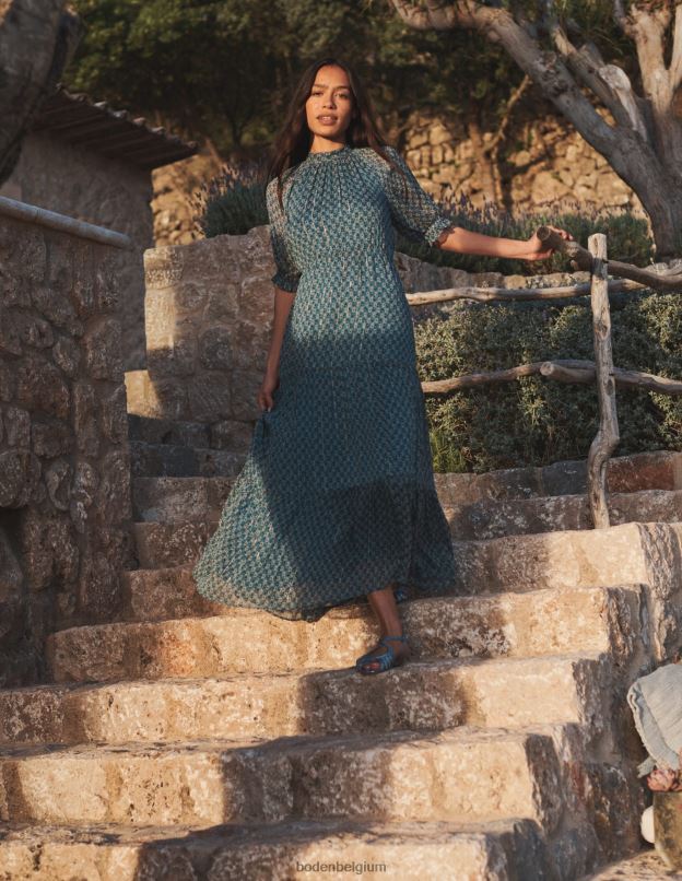 femmes Boden tige bleue et cachemire robe longue à volants et col noué vêtements Z42D0583