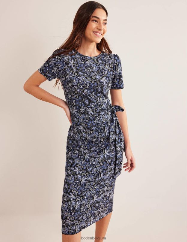 femmes Boden véritable marine et lys oriental robe midi en jersey nouée sur le devant vêtements Z42D01144