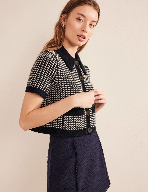 femmes Boden jacquard géo bleu marine cardigan court à manches courtes vêtements Z42D01508