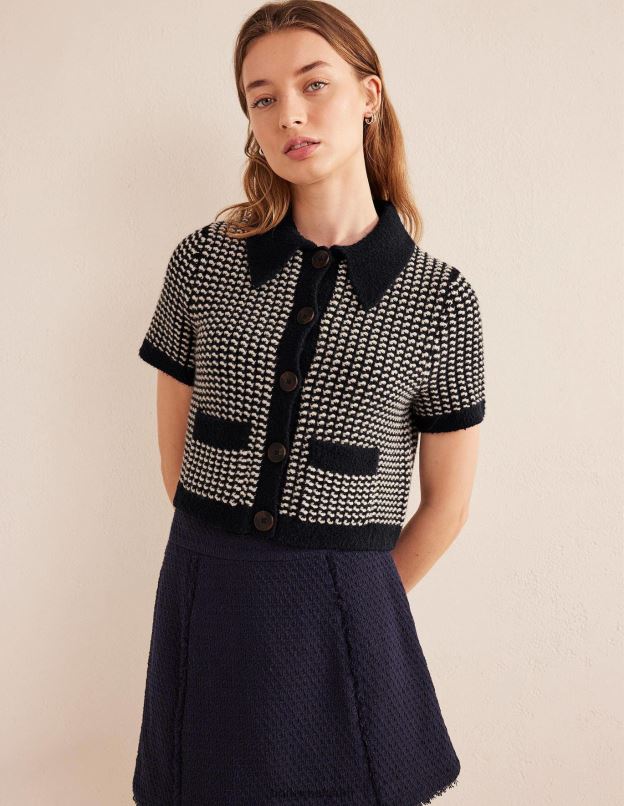 femmes Boden jacquard géo bleu marine cardigan court à manches courtes vêtements Z42D01508