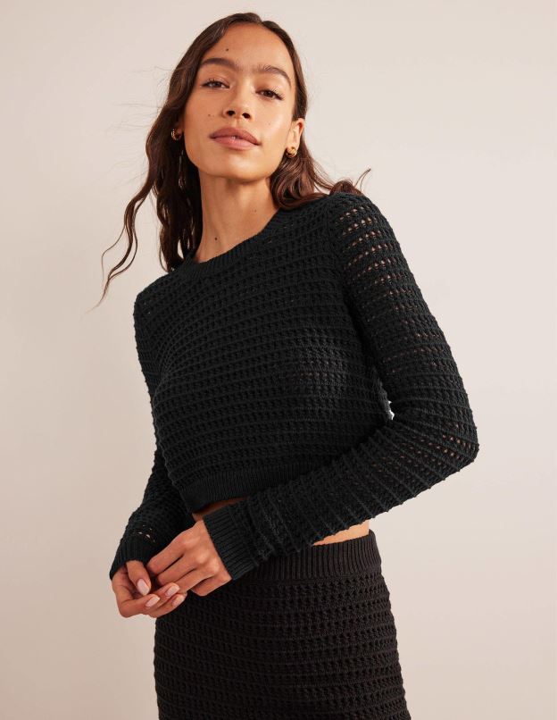 femmes Boden noir pull court en crochet vêtements Z42D02087