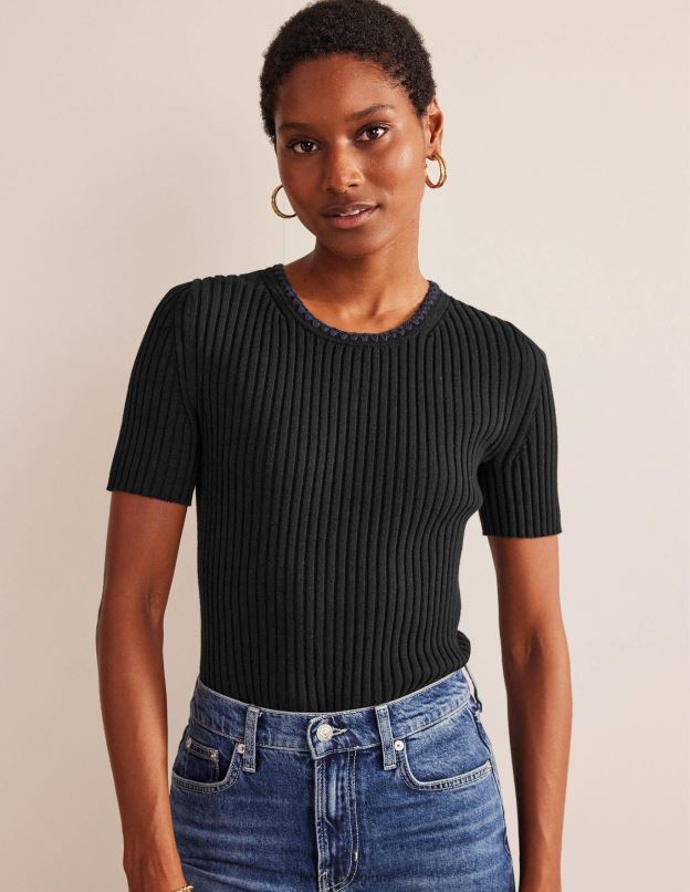 femmes Boden noir t-shirt en maille à finitions en crochet vêtements Z42D0631