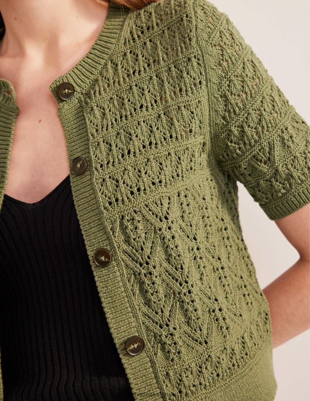 femmes Boden vert épicéa cardigan à col rond en pointelle vêtements Z42D02114