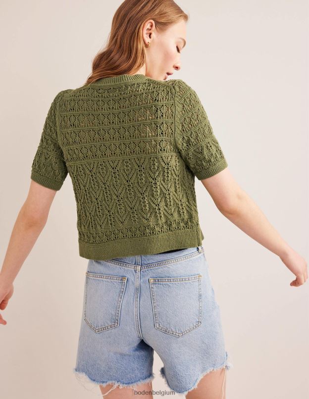 femmes Boden vert épicéa cardigan à col rond en pointelle vêtements Z42D02114