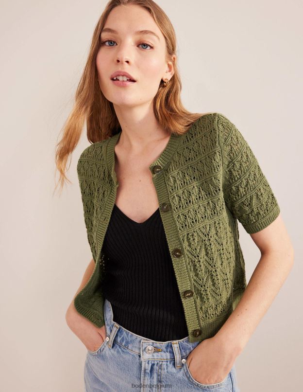 femmes Boden vert épicéa cardigan à col rond en pointelle vêtements Z42D02114
