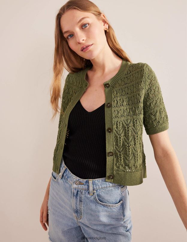 femmes Boden vert épicéa cardigan à col rond en pointelle vêtements Z42D02114