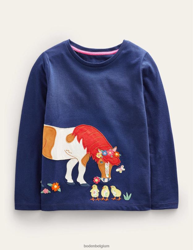 filles Boden cheval bleu tribord haut à manches longues avec appliqué vêtements Z42D02869