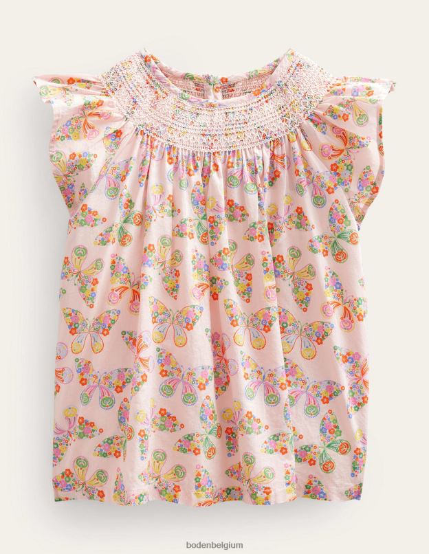 filles Boden papillons roses poussiéreux haut smocké tissé vêtements Z42D03166