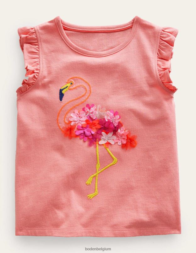 filles Boden sorbet pêche flamant rose haut brodé à volants vêtements Z42D03084