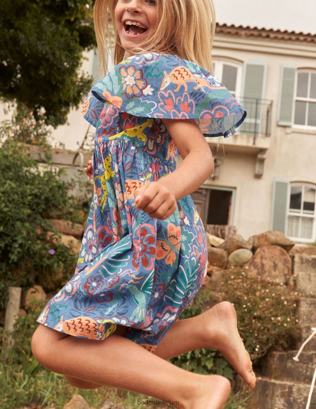 filles Boden animaux floraux bleus robe imprimée à manches flottantes vêtements Z42D02798