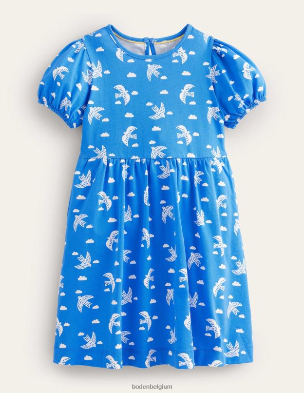 filles Boden cabane oiseaux bleus robe en jersey à manches bouffantes vêtements Z42D02837