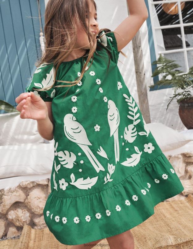 filles Boden oiseaux de poivron vert robe brodée à manches bouffantes vêtements Z42D03158