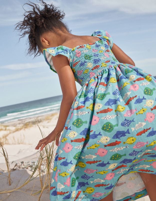 filles Boden poisson bleu de mer aqua robe midi froncée en jersey vêtements Z42D03040