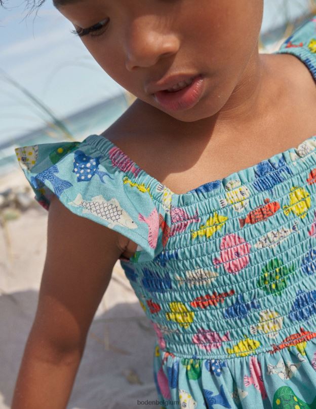 filles Boden poisson bleu de mer aqua robe midi froncée en jersey vêtements Z42D03040