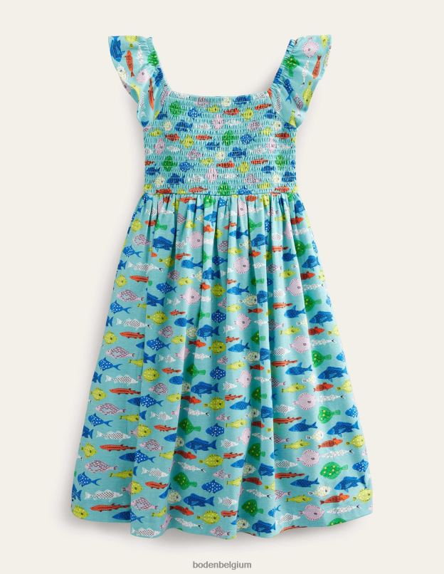 filles Boden poisson bleu de mer aqua robe midi froncée en jersey vêtements Z42D03040