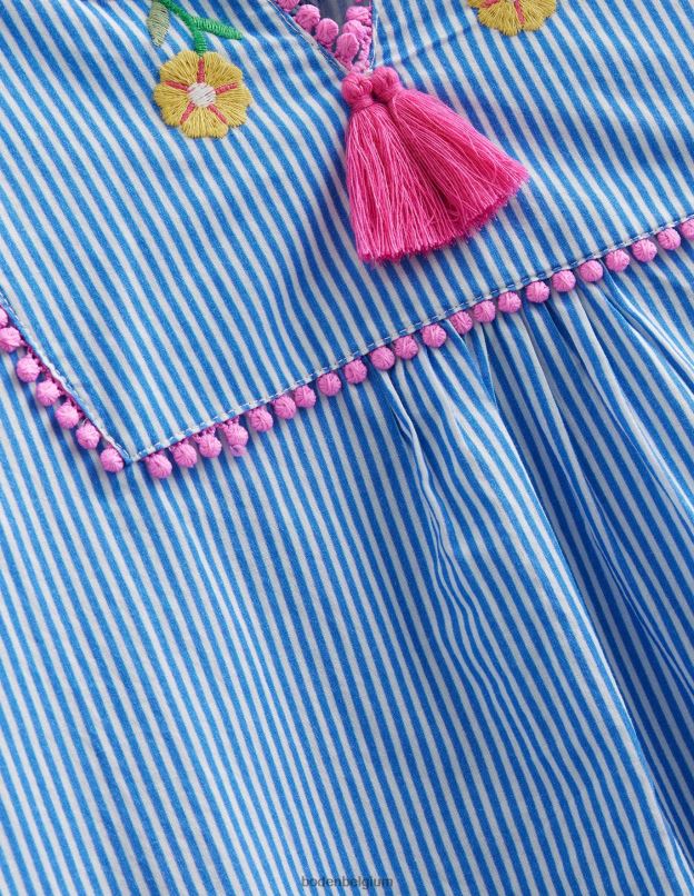 filles Boden rayure ivoire et bleue caftan brodé à manches longues vêtements Z42D03176