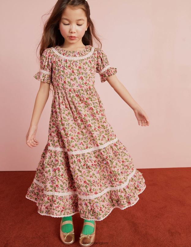 filles Boden rose décousue robe de soirée imprimée à bordure en dentelle vêtements Z42D02925