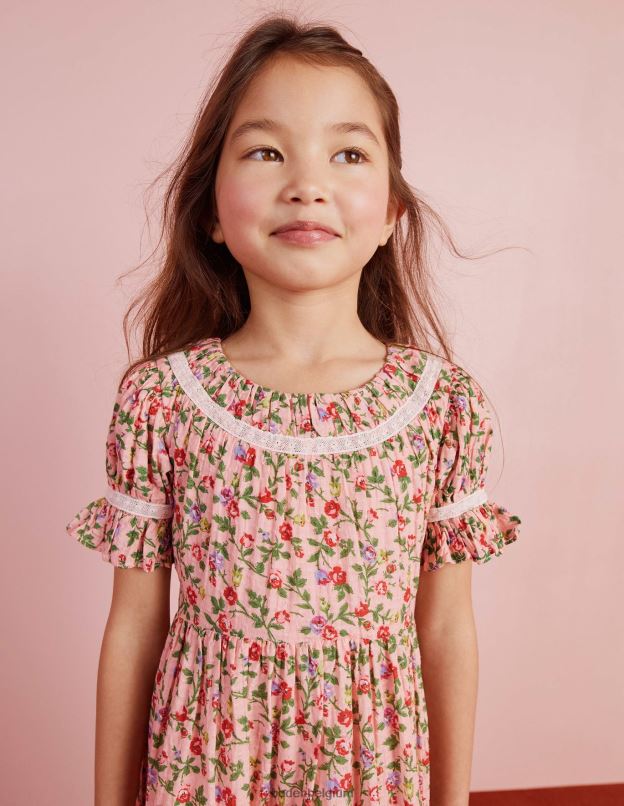 filles Boden rose décousue robe de soirée imprimée à bordure en dentelle vêtements Z42D02925