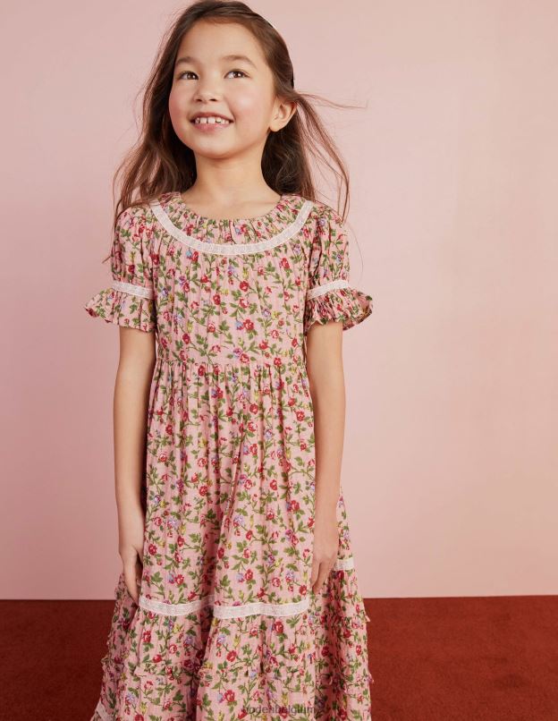 filles Boden rose décousue robe de soirée imprimée à bordure en dentelle vêtements Z42D02925