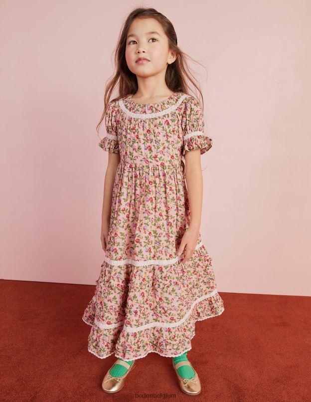 filles Boden rose décousue robe de soirée imprimée à bordure en dentelle vêtements Z42D02925