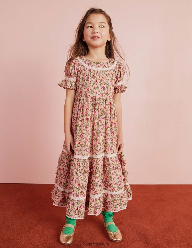 filles Boden rose décousue robe de soirée imprimée à bordure en dentelle vêtements Z42D02925