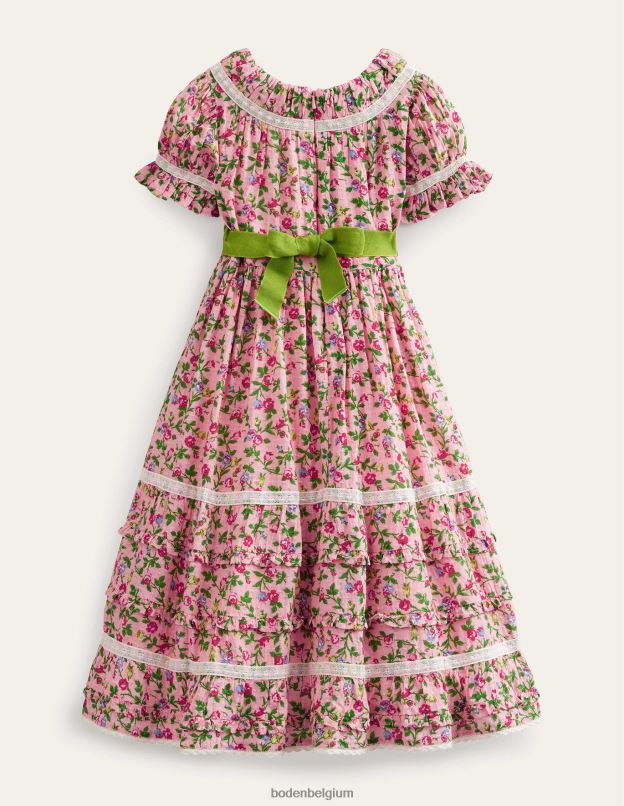 filles Boden rose décousue robe de soirée imprimée à bordure en dentelle vêtements Z42D02925