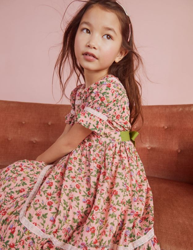 filles Boden rose décousue robe de soirée imprimée à bordure en dentelle vêtements Z42D02925