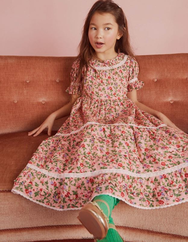 filles Boden rose décousue robe de soirée imprimée à bordure en dentelle vêtements Z42D02925