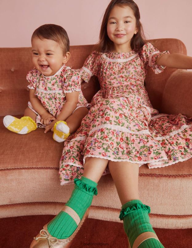 filles Boden rose décousue robe de soirée imprimée à bordure en dentelle vêtements Z42D02925