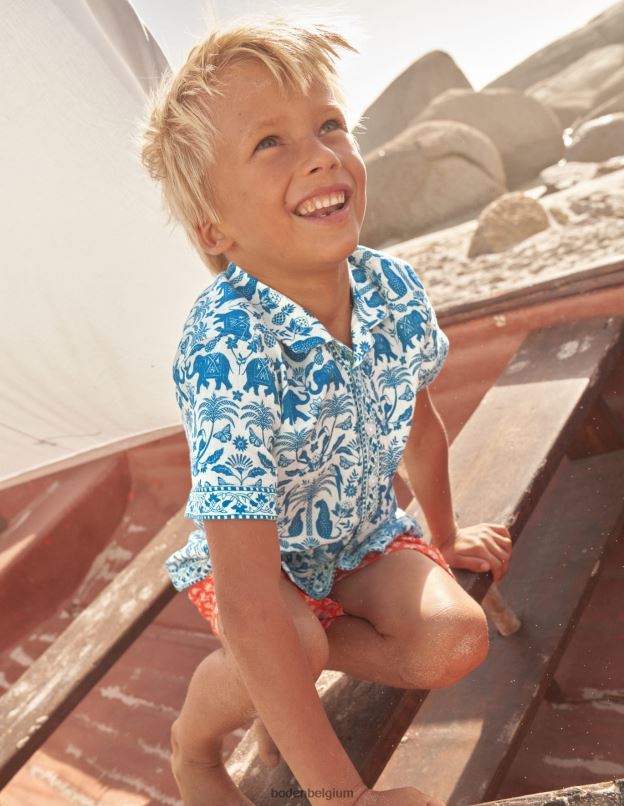 garçons Boden bloc de bois saphir tropical chemise imprimée à bordure vêtements Z42D0856