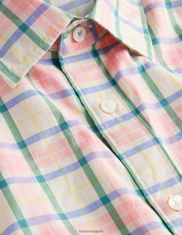 Hommes Boden carreaux écru et rose camée chemise en sergé à col italien vêtements Z42D03540